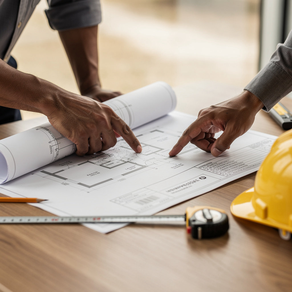 Mota Contracting, Inc. team members discussing a construction project in Healdsburg, CA, showcasing our family-owned and bilingual General Construction Company